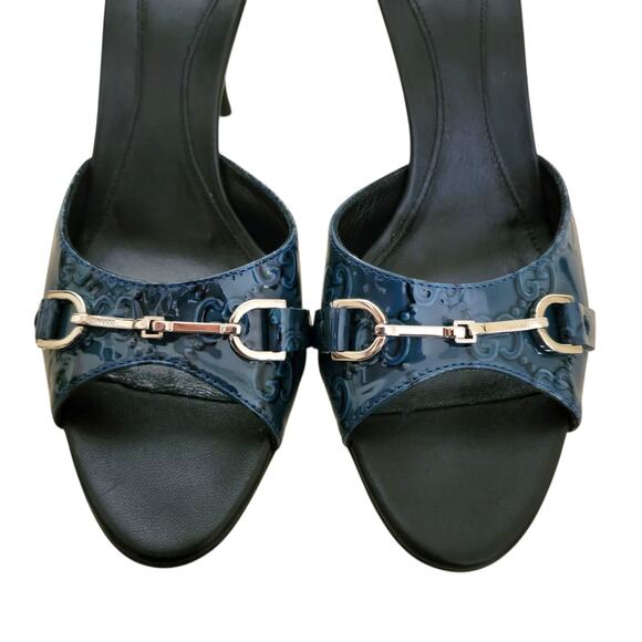 Vintage Gucci Horsebit GG Logo Blue Black Leather Slip-On Mule Heels 37.5 / 7.5 - Picture 9 of 13